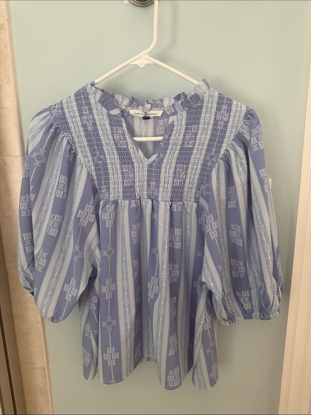 Smocked Light Blue Peasant Blouse with Puff Sleeves - Women Tops